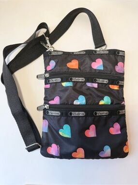Lesportsac "Wild at Heart" Black Crossbody Bag with Rainbow Ombré Heart Print